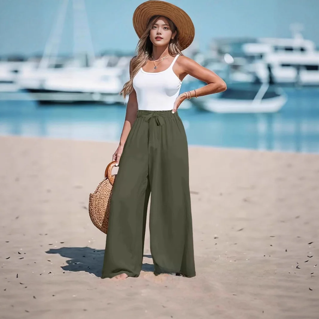 2025 New Women's Wide Leg Casual Comfortable Fashionable Pants Ladies Trousers Cross-Border Style Natural Waist Elastic Waist