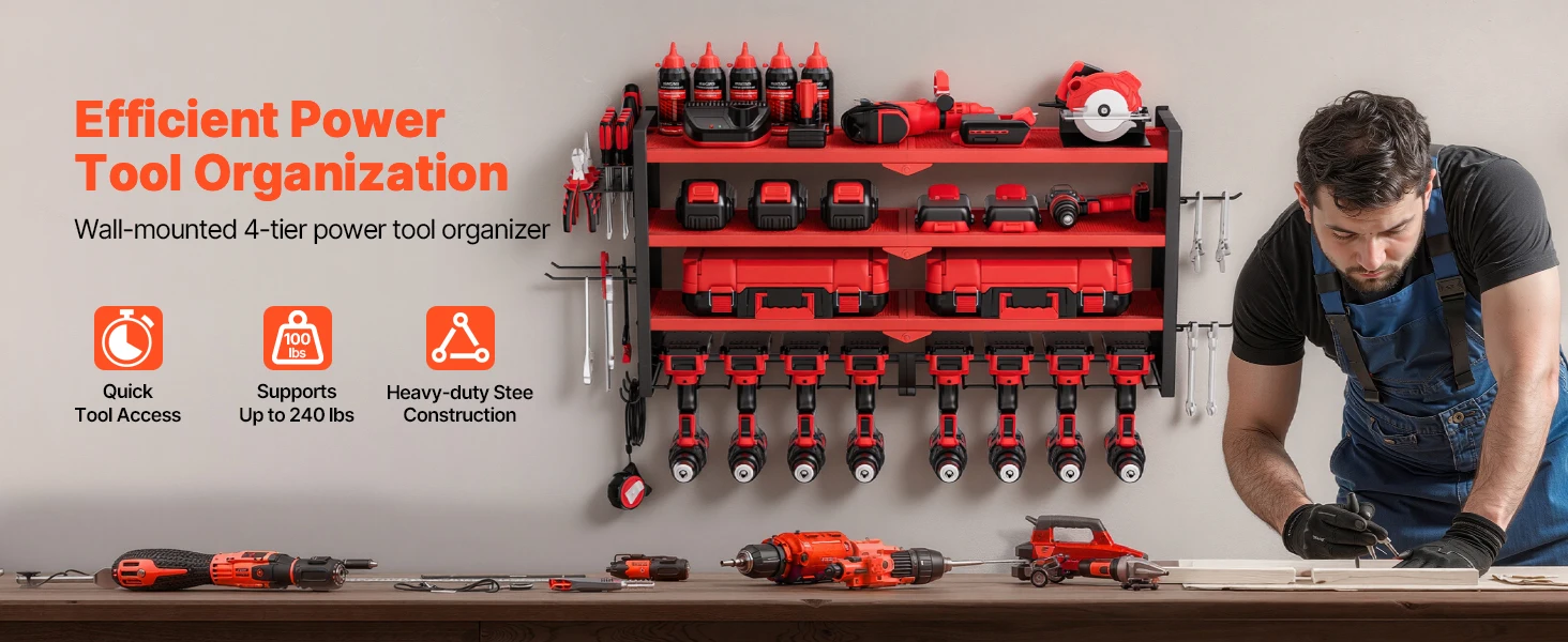 SucceBuy 4-Layer Hand Power Tool Organizer Rack Wall Mounted Pegboards Electric Drill Storage Holder for Garage Workshop