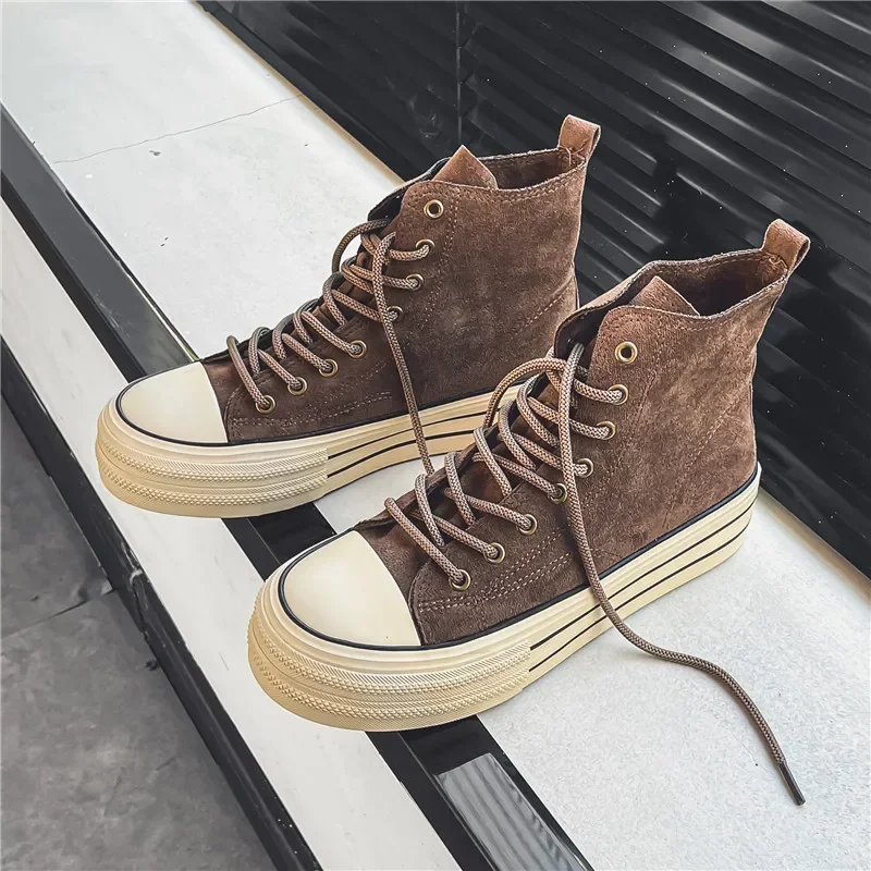 Vintage Brown Couples Casual Sneakers Comfort Suede Thick Sole Men's Shoes Trend Lace-up High Top Shoes Mens Vulcanized Canvas