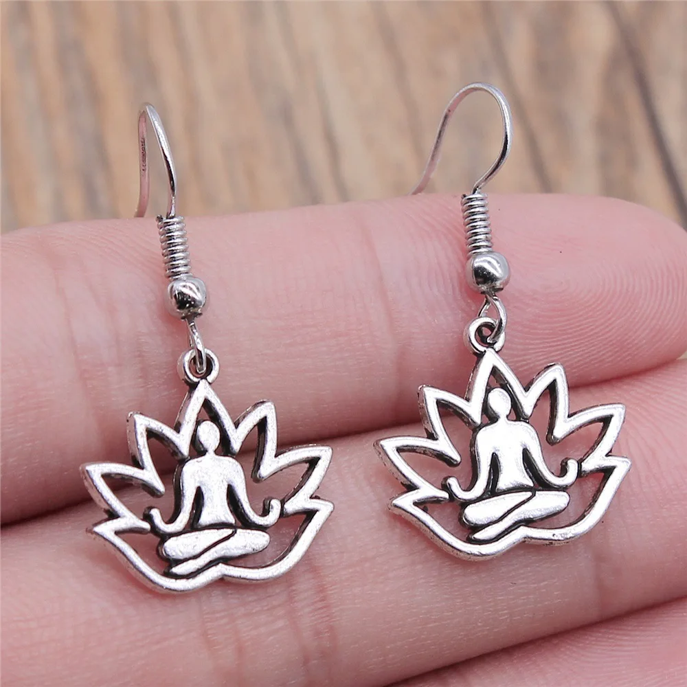 Fashion Handmade Simple Design Antique Silver Color Lotus Buddha Statue Pendant Earrings Drop Earrings