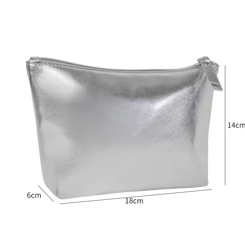 Women Fashion Silver Leather Waterproof Clutch Cosmetic Bag Travel Portable Bathroom Organizer Storage Makeup Bag Toilet Pouch