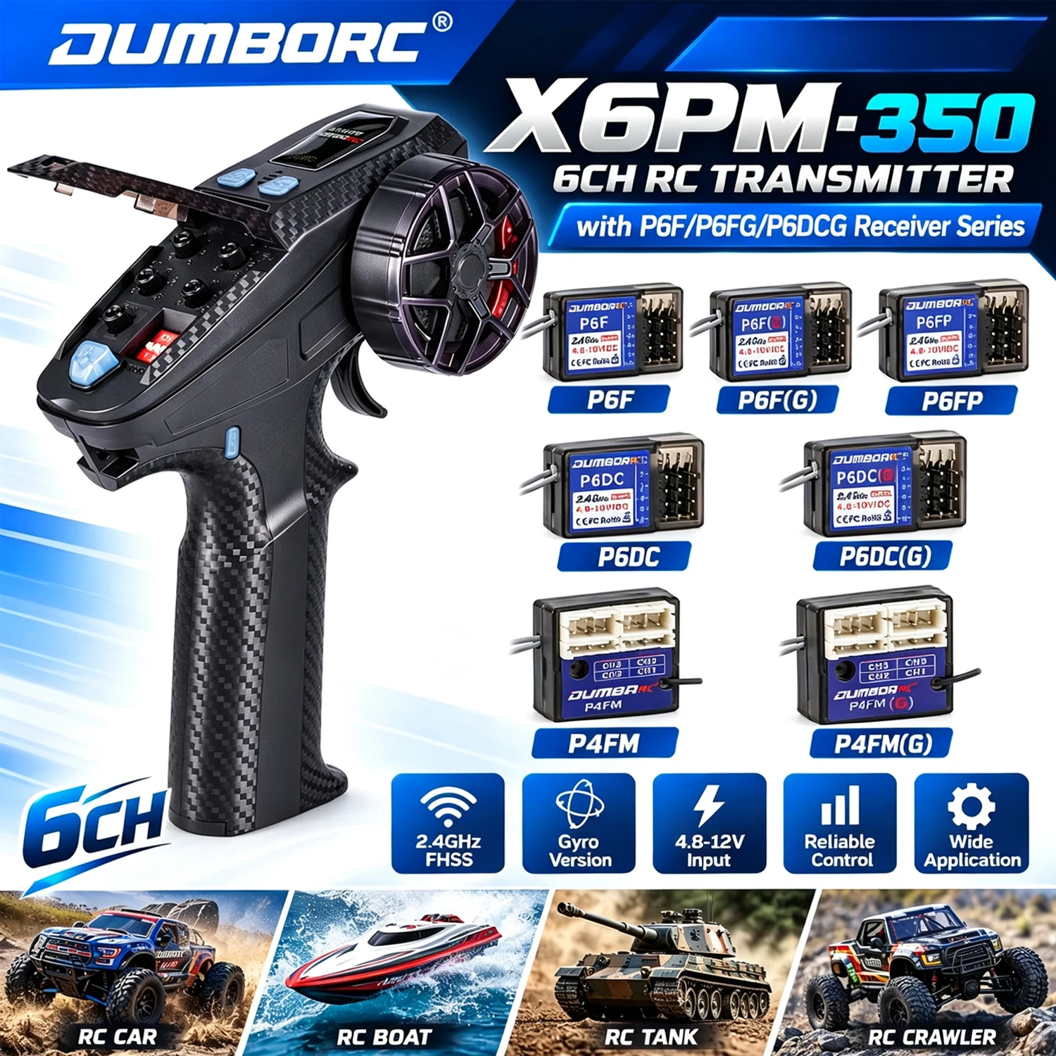 DUMBORC X6PM-350 6CH 2.4G Mini RC Transmitter with 1/2PCS P6F/P6FG/P6DCG Gyro Receiver for RC Car Boat Tank Crawler Model Parts