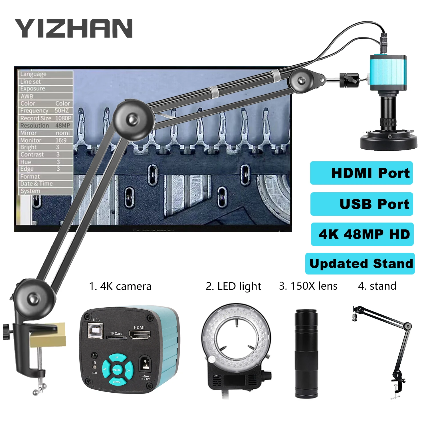 Yizhan 1080P 4K HD Industriemikroskop für Lötmikroskop 48MP HDMI VGA USB Digitalmikroskopkamera Aktualisierter Armständer