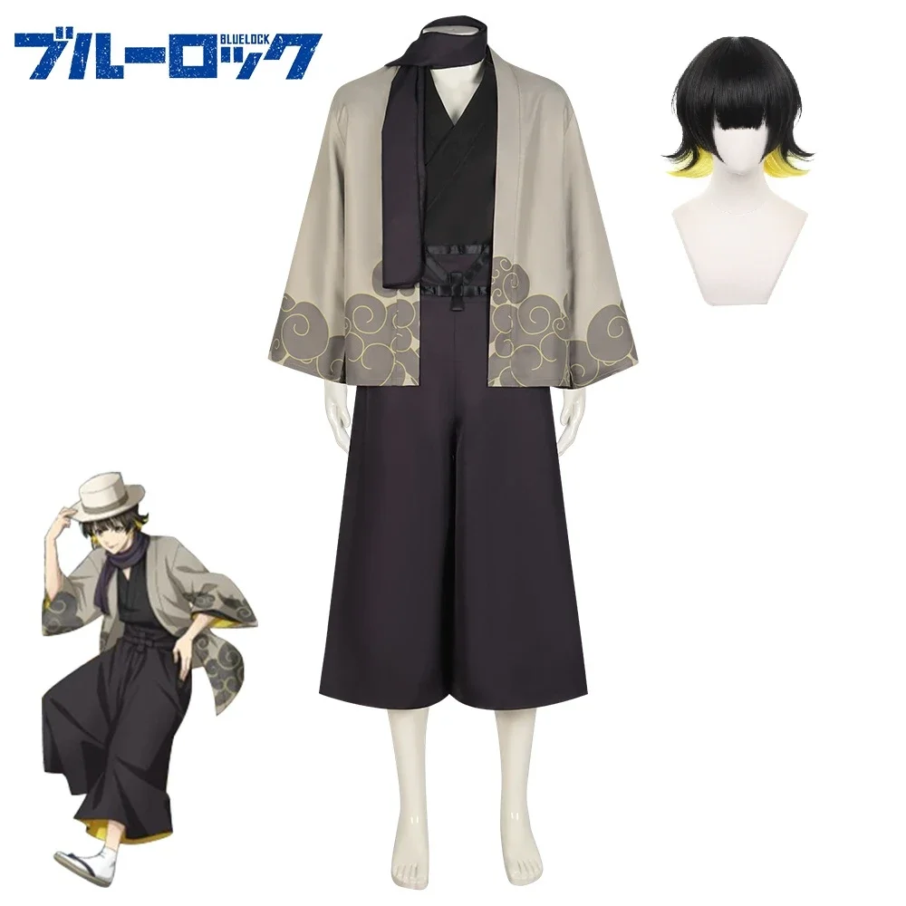 

Anime BLUE LOCK Bachira Meguru Cosplay Costume Halloween Role Play Kimono Uniform Top Pants Scarf Men Wig Full Suit