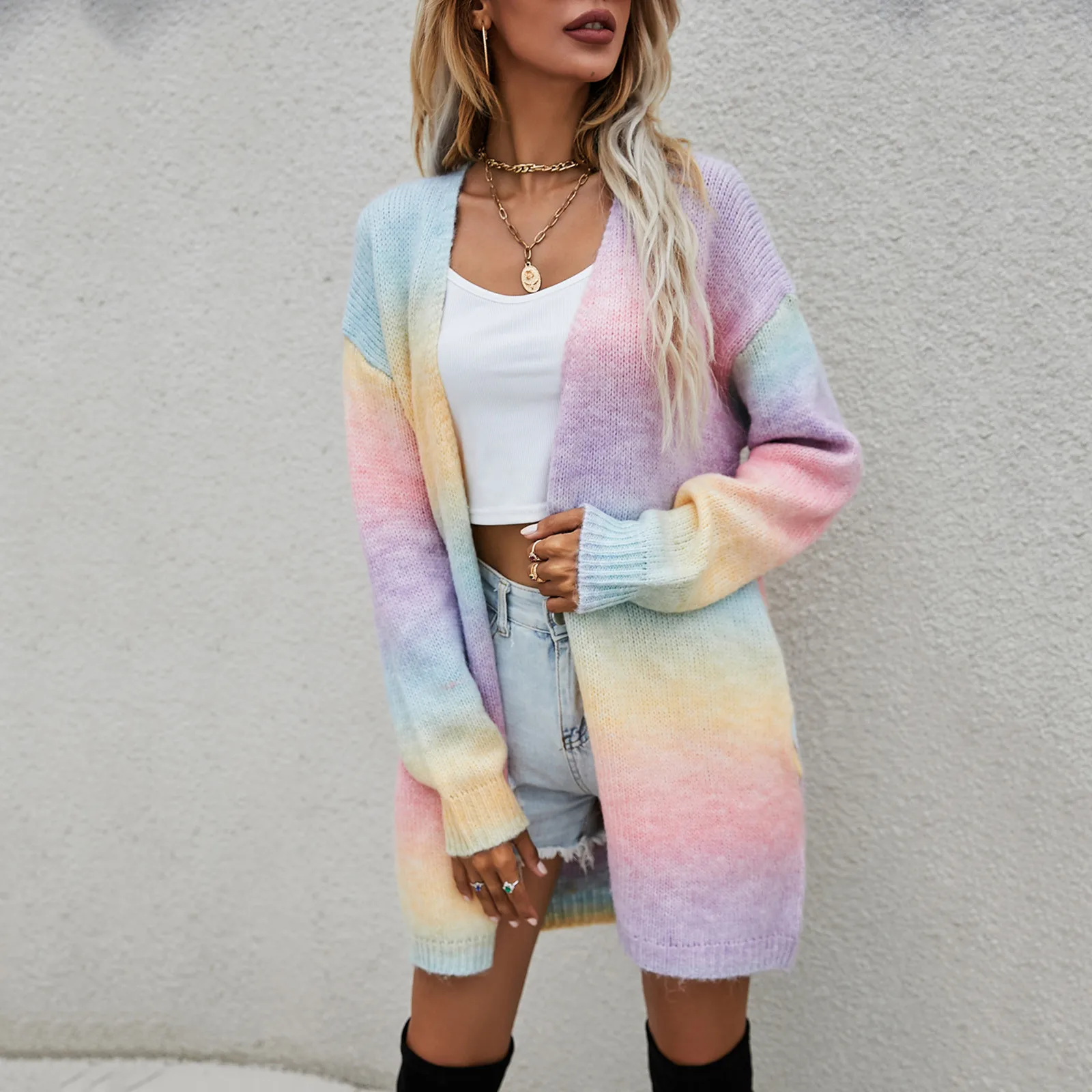 Women\'S Rainbow Tie-Dye Knitted Cardigan Coat Medium Long Plus Size Casual All Match Coat Autumn And Winter Fashion Warm Coats