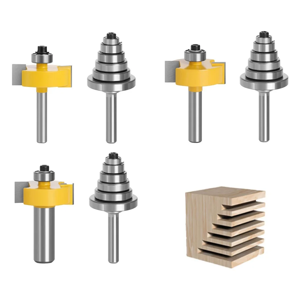 6 8 12mm Shank Rabbet Router Bit Set With 6 Adjustable Bearings Cemented Carbide Milling For Wood For Edge Finishing MDF
