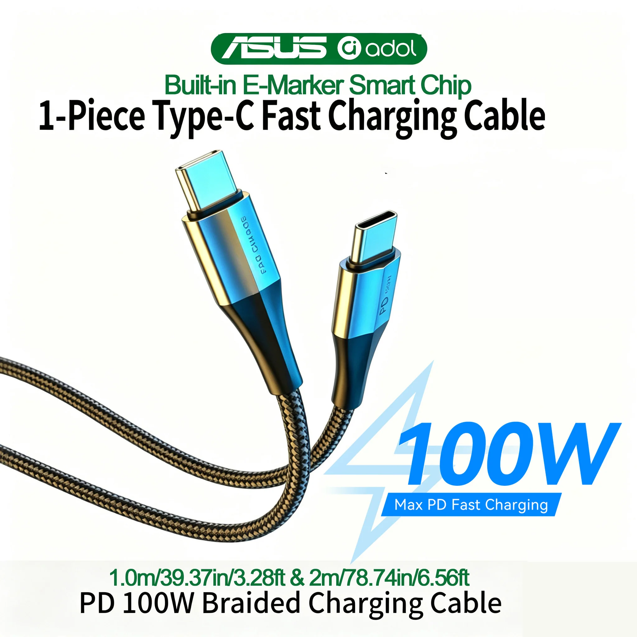 ASUS 100W PD 5A USB-C zu Typ-C Schnellladekabel, geflochtenes Nylon-Datenkabel für iPhone 17 16 15, MacBook, iPad, Samsung S26 S25 S24