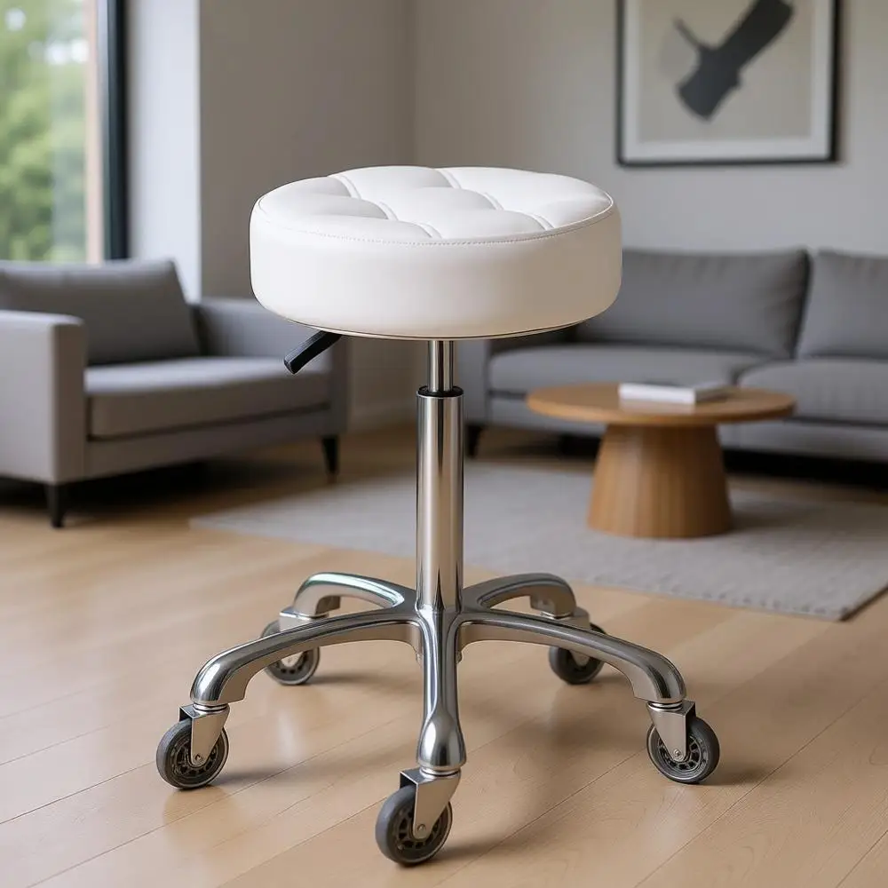 Adjustable Rolling Stool: Heavy-Duty Swivel Chair with Wheels, 22-30 Seat Height, White - Ideal for Spa, Home, Office, Dental, T