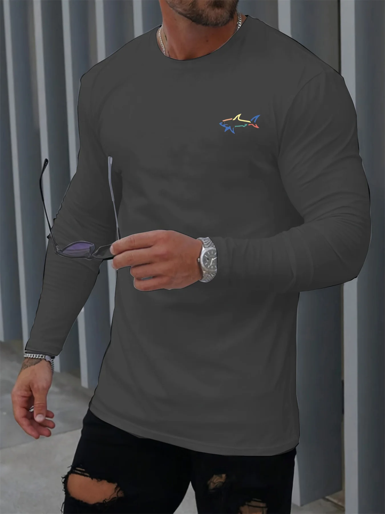 Männer Frühling Und Herbst Bequeme Casual Shark Muster Gedruckt Rundhals Langarm Mode Trend männer Kleidung Männlich Top
