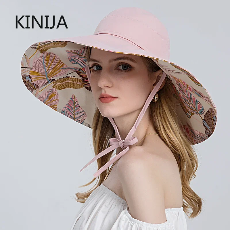 Summer wide large brim Sun Hat With Printing Adjustable Big Heads Beach Hat UV Protection Packable Sun Bandage Visor Hat