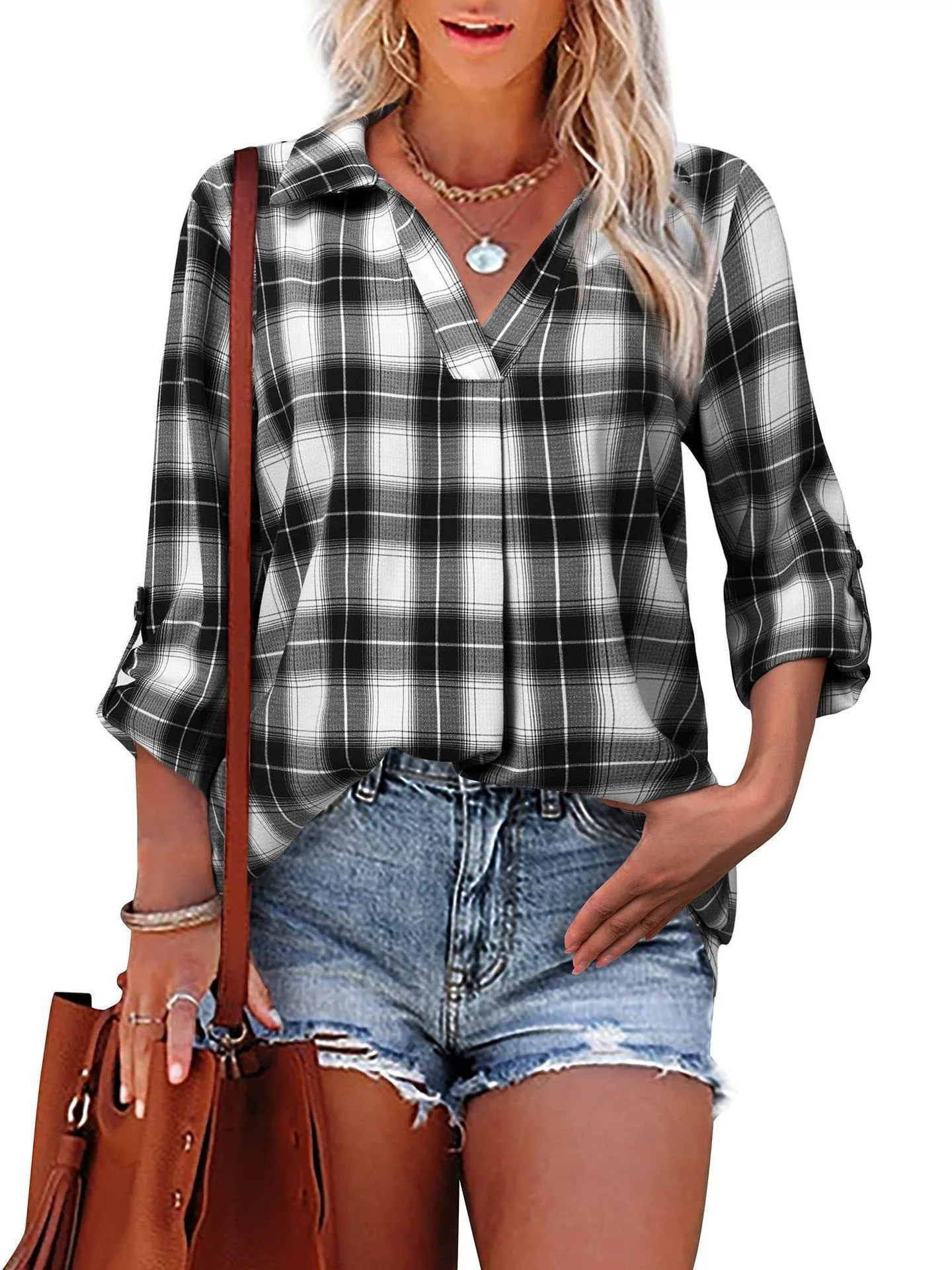 

2025 Spring and Autumn New V-neck Long sleeved Temperament Set Head Collar Loose Plaid Shirt
