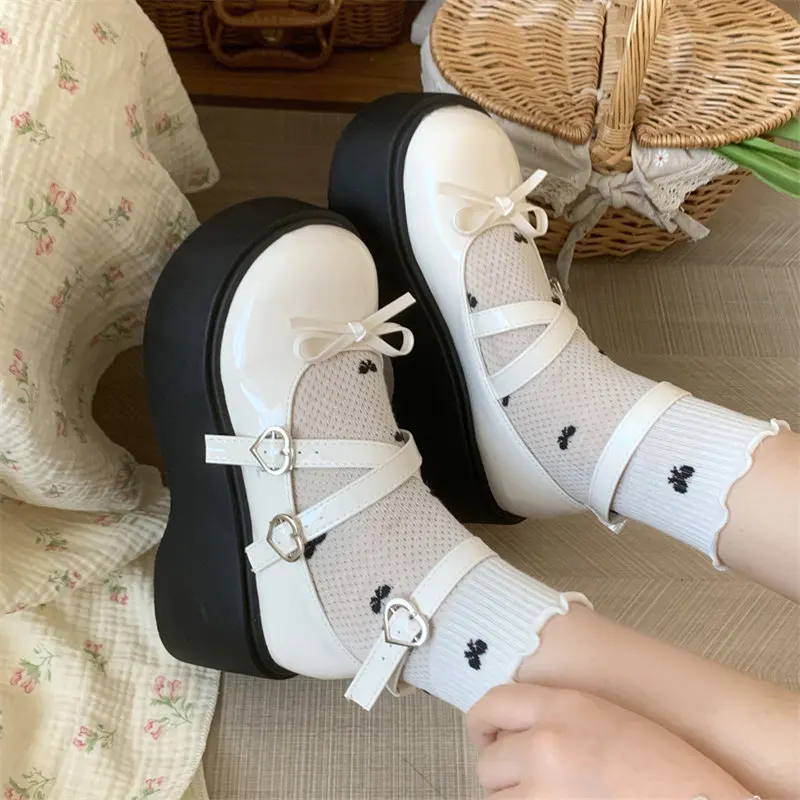 Women's Chunky Round Toe Pumps Sweet bow Lolita Shoes new Girls Kawaii heart-shaped buckle Mary Jane shoes JK Uniform Shoes image 2