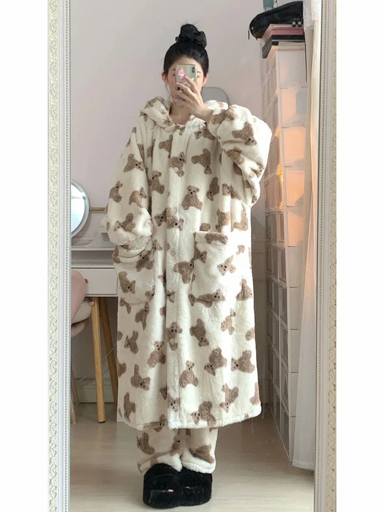 Adult Bear Robes Onesies Winter Thickened Models Coral Velvet Cardigan Pajamas Women Home Wear Girls Cute Long Section Hooded