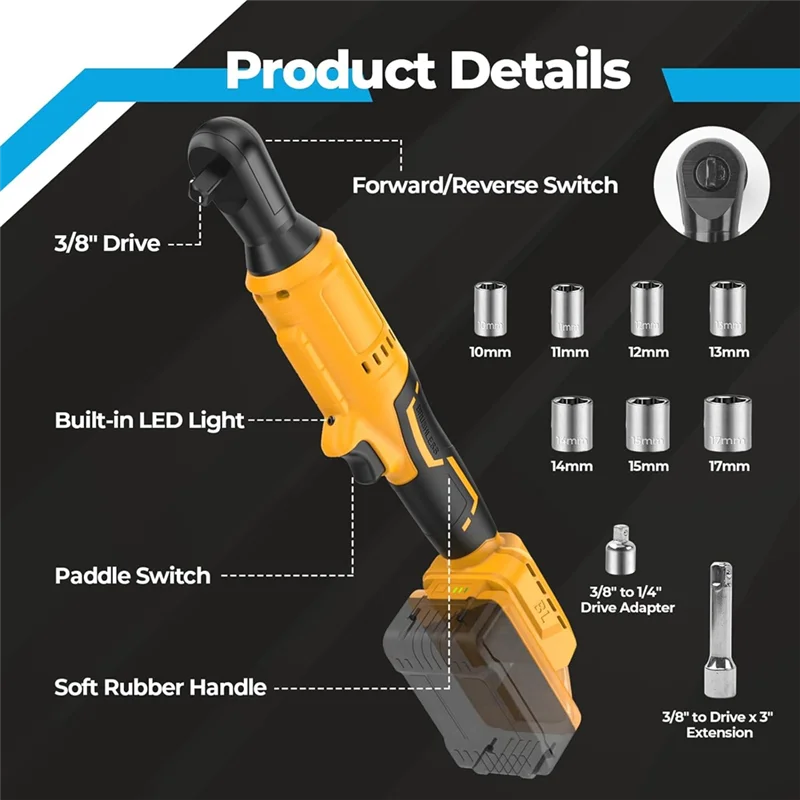 

ABKS-Cordless Ratchet Wrench 74Ft-Lbs Compatible 20V Max Battery 3/8-Inch Brushless Power With Speed Variable Speed