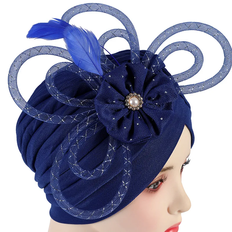 Luxury Pleated Turban Cap For Women Dinner Party Bonnets With Flower Diamond Headwear Beanies Wedding Hat Fashion Head Scarf