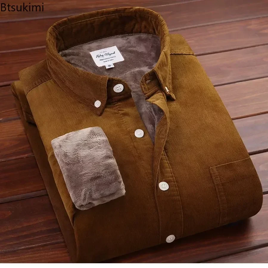 2024Men's Autumn Winter Warm Casual Shirt Jacket Luxury Men Corduroy Solid Coats Shirts Thick Fleece Lining Casual Shirt for Men