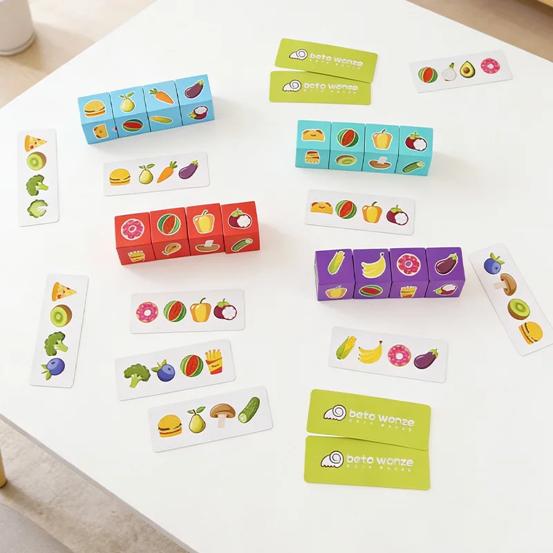 Children's Wooden Food Pattern Cube Building Blocks Pairing Parent Child Interactive Desktop Games Early Education Puzzle Toys