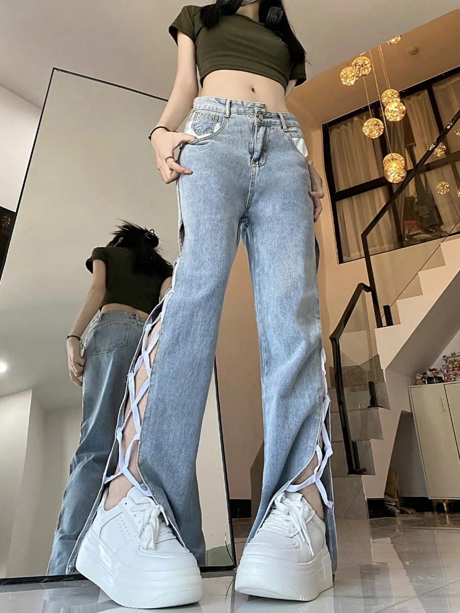 

Женские летние джинсы с высокой талией и широкими штанинами в стиле ретро, винтажные, с асимметричным завязывающимся поясом, длиной в пол, микро-клеш, из денима