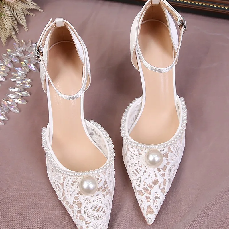 2026 French New One-word Bag Head Hollow Mesh Pearl High-heeled Women's Sandals view 2