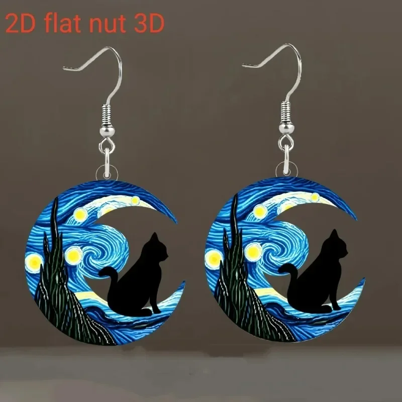 

1 Pair of Van Gogh Starry Sky Pattern Acrylic Earrings, Moon Black Cat Unique Ladies Earrings,very Suitable for Daily Party Wea