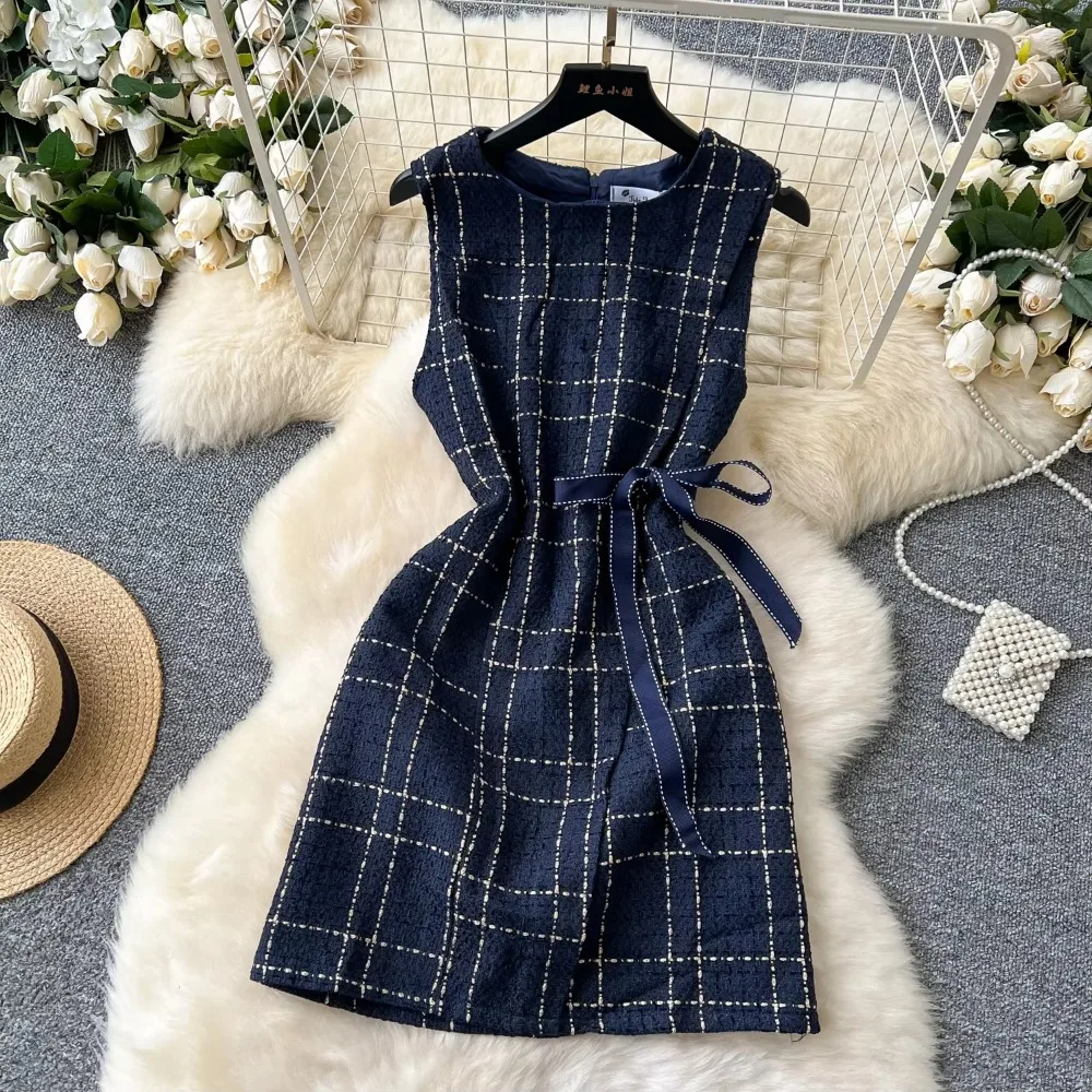 Vintage O-neck Elegant Sleeveless Chic Plaid Slim Bandage Short Dresses Korean Fashion Streetwear High Street Autumn Clothing