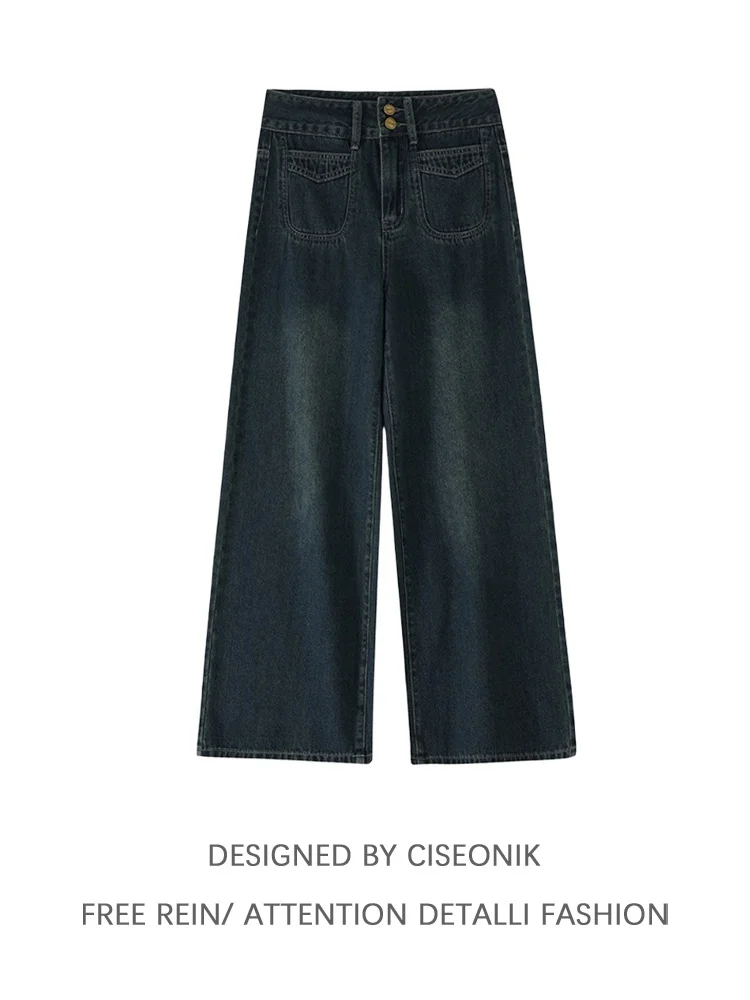 

Синие широкие джинсы в стиле ретро, женские свободные джинсы с высокой талией для похудения, осенние новые повседневные джинсы больших размеров