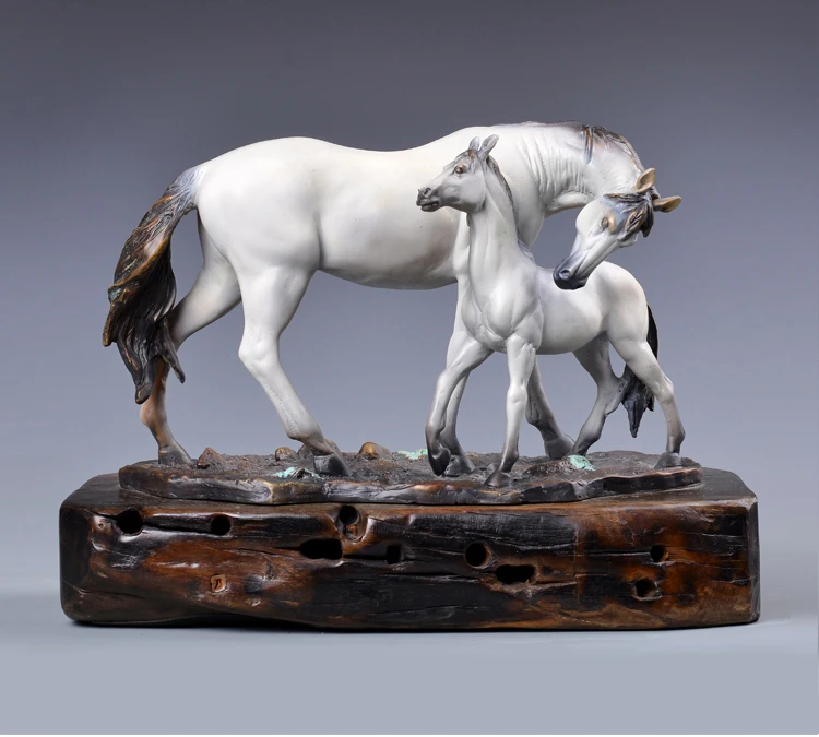 43CM large HOME office Company SHOP TOP GOOD Bronze Sculpture art LUCK Mascot white HORSES mother and son Decorative statue