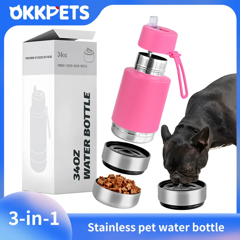 

OKKPETS 3 в 1 портативная дорожная 34 32 унции уличная бутылка для питья собак из нержавеющей стали и бутылка для корма для собак чашка для воды для собак