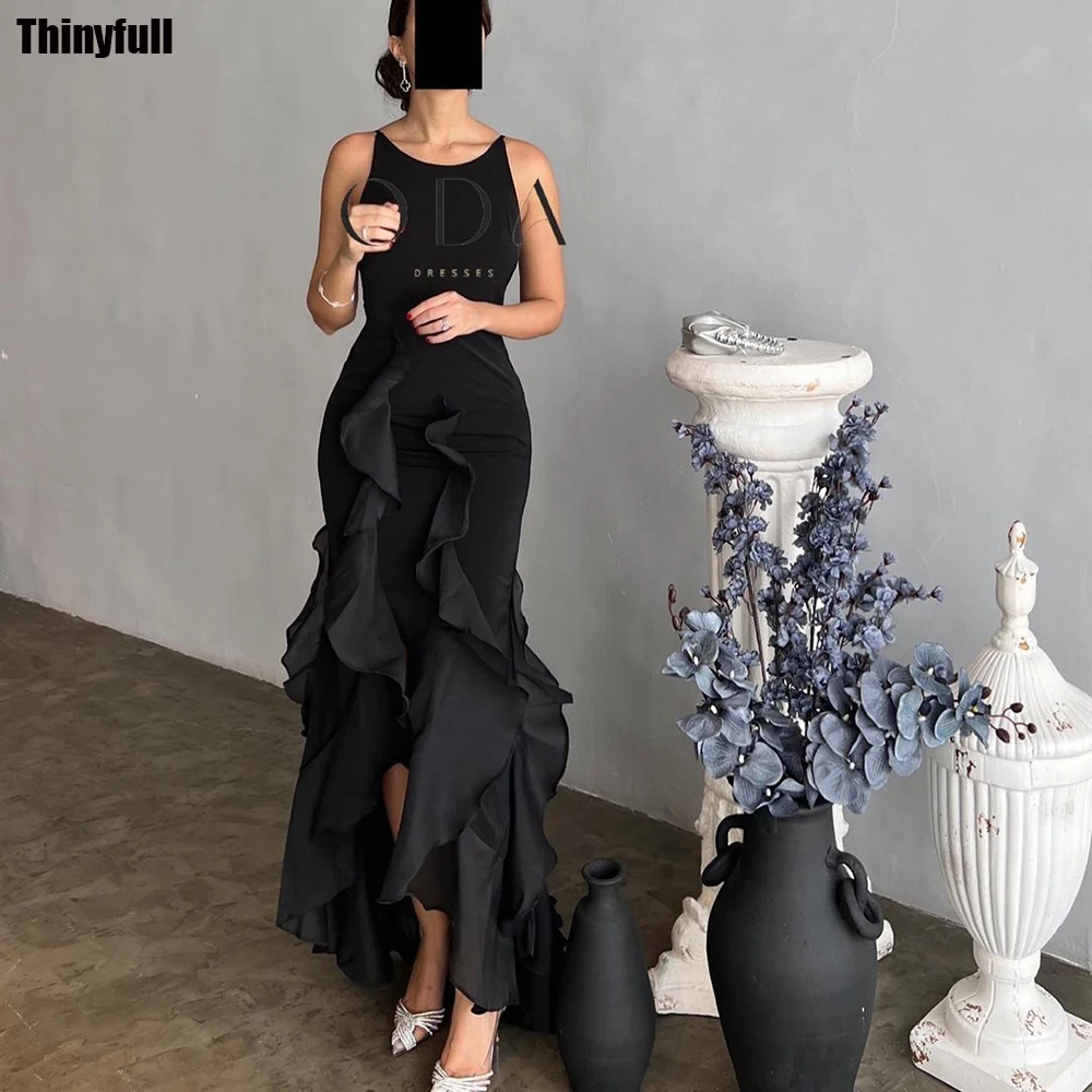 Thinyfull Saudi Arabia Mermaid Black Prom Dresses O-neck Sleeveless Evening Party Dress Satin Ruffles Long Formal Occasion Gowns