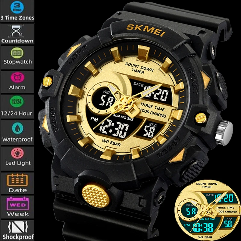 

Skmei Digital Analog Display Sports Watches Fashion LED Chronograph Alarm Clock 50M Waterproof Three Time Zone Military Hour