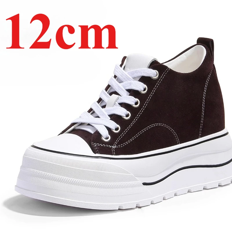 Outdoor Casual Board Shoes Ultra-high Height Increasing Shoes for Women's 12cm Invisible Elevated Shoes Genuine Leather Sneakers