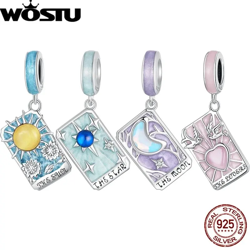 WOSTU 925 Sterling Silver Sun Moon Star Tarot Cards Pendents Lovers Charm Fit Original DIY Bracelet Necklace Birthday Jewelry