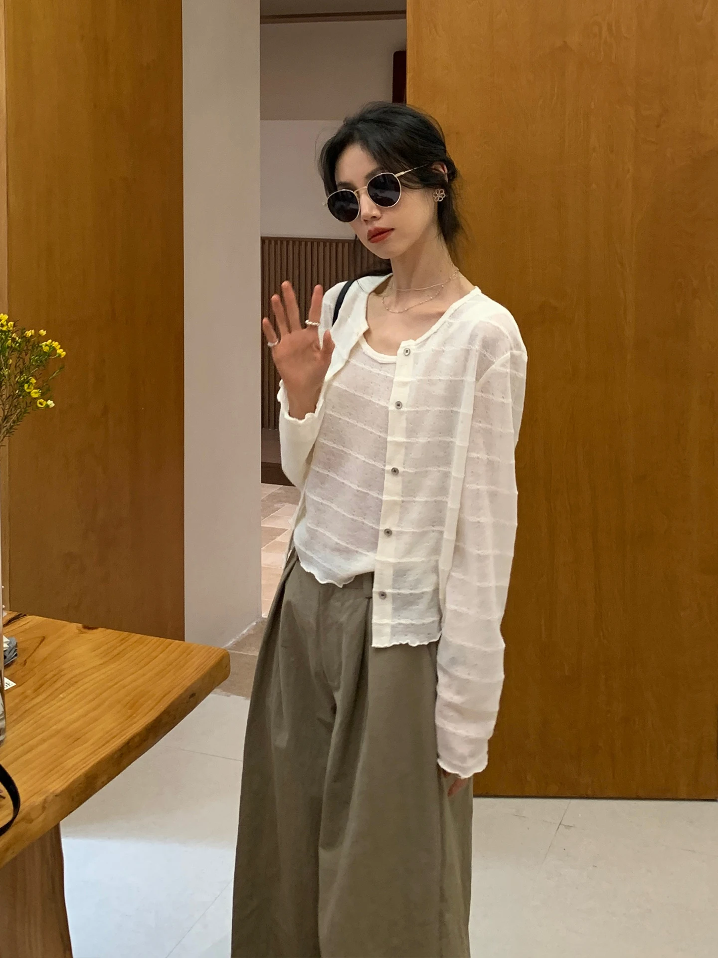 Korean Style Knitted Cardigan And Tank Top Set Casual round Neck Spring Women's Loose Fit Long Sleeve Two-Piece Ensemble