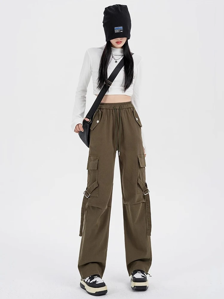 ReddaChic Multi-pocket Parachute Sweatpants Women Y2k Harajuku Drawstring Elastic Waist Casual Wide Leg Pants Cargo Workwear