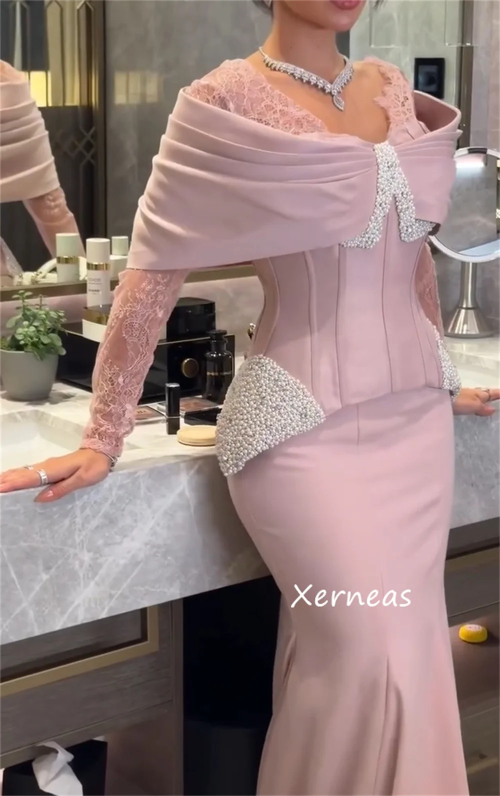 تخصيص بسيط جيرسي الطية البراقة الخامس الرقبة فساتين طويلة مخصصة مناسبة المشاهير النمط الصيني #6