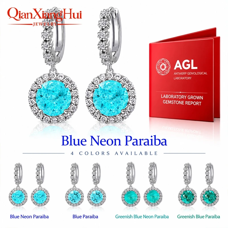 Lab Grown Neon Blue Paraiba / Green YAG 6.5mm 1ct Halo Round Shape 925 Silver Stone Ear Stud Earring Gift Dating Women Wedding