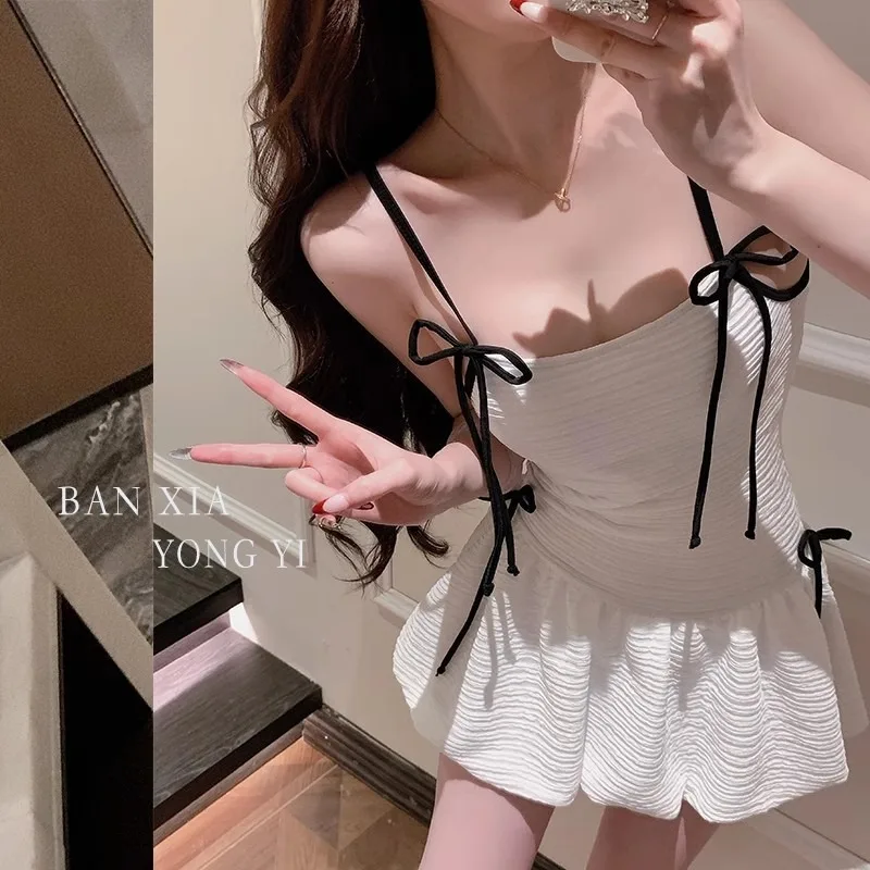 Women's White Bow Camisole Sexy Swimsuit Textured One-piece Hollow Swimsuit with Ruffles Suitable for Beach Vacations