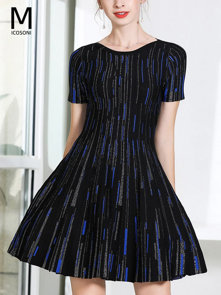 Micosoni Italian Style High Women\'s Digital Vertical Stripes Sweater Dress Bright Silk Short Sleeve Slim A-line Knit Blue S-XL