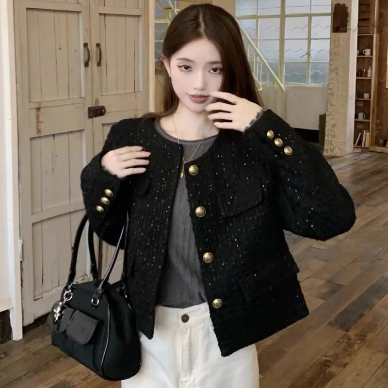 

Vintage Button Long Sleeve Short Jacket Spring Autumn All-match Fashion Sequined Loose Tops Elegant High Street Women Clothing