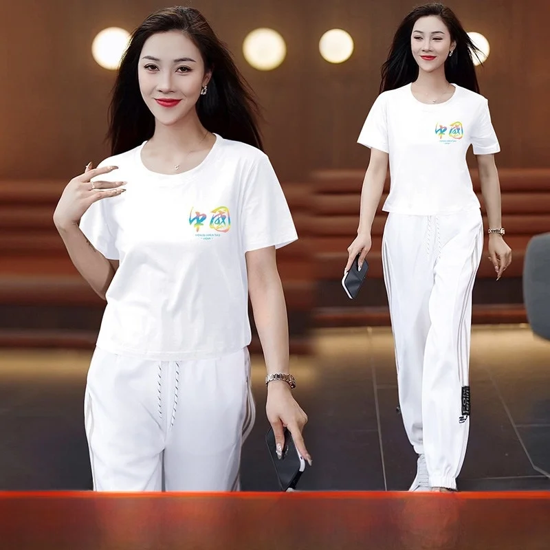 

Summer Leisure Sportswear Set Women's Square Dance Fitn Clothes Cotton ort Sve round Ne Long Pants Two-Piece Suit