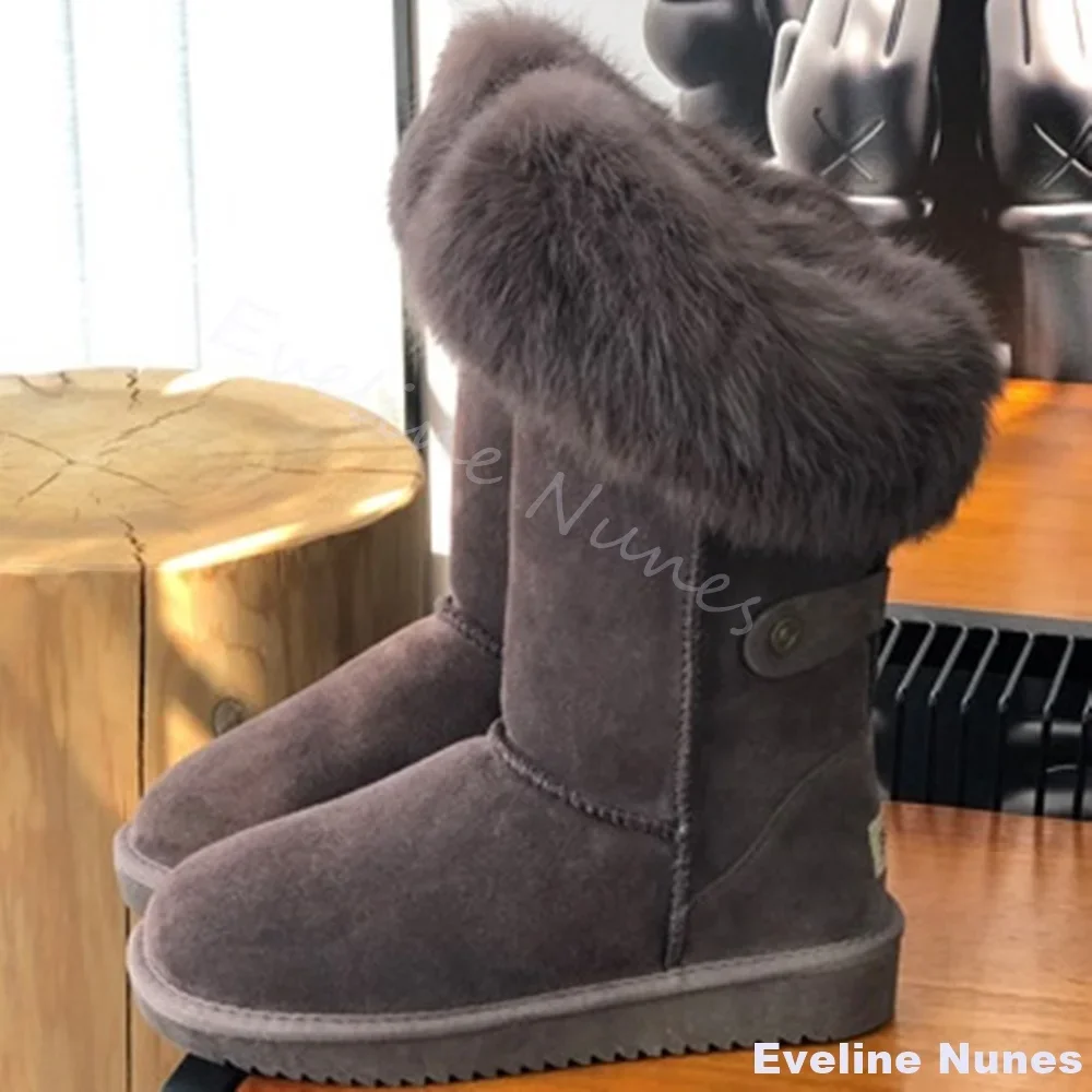 Warm Plush Thick Soled Grey Snow Boots Women Round Toe Slip On Height Enhancing Mid Calf Boots 2026 Keep Warm In Severe Winter