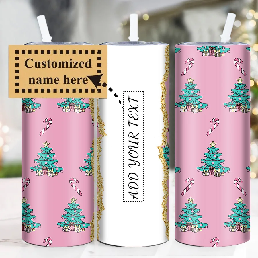 1pc Customized Text 20oz Water Bottle 3d Printed Christmas Tree Stainless Steel Insulated Straight Car Cup With Lid&Straw