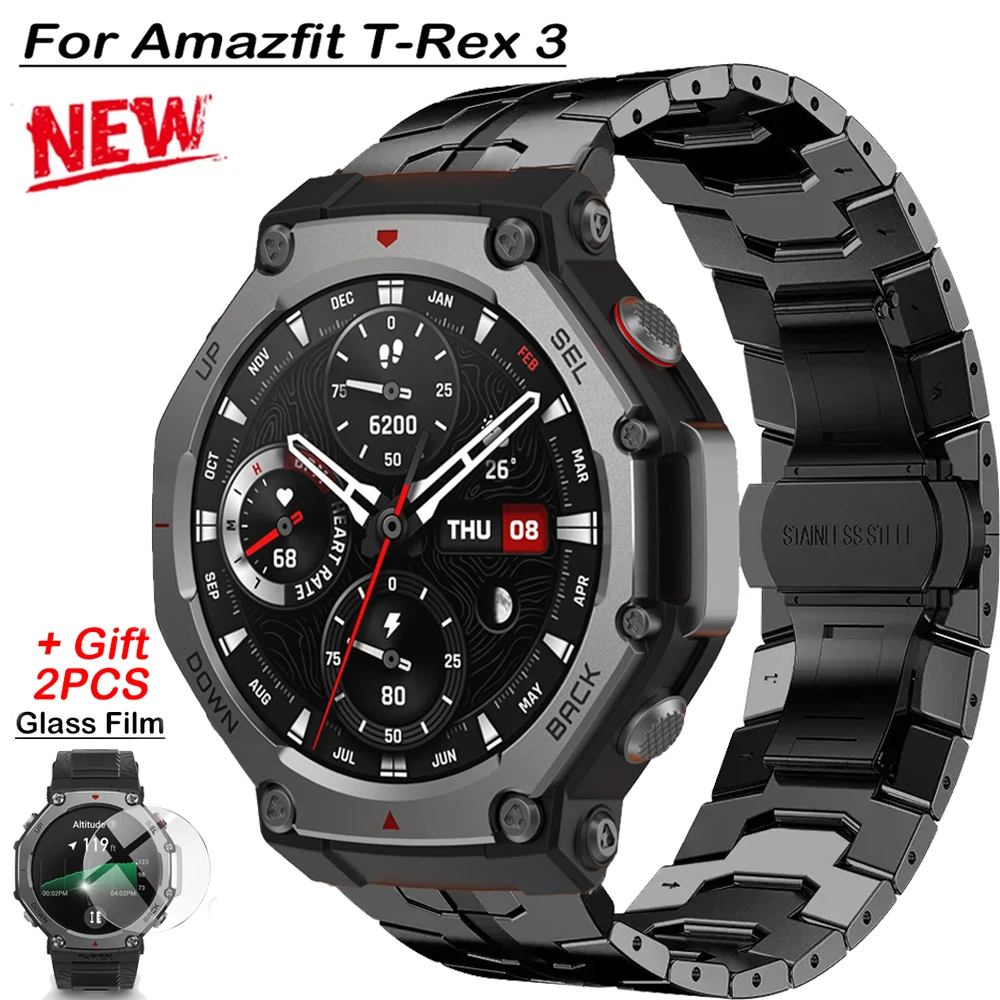 For Amazfit T-REX 3 Metal Band Business Bracelet For Amazfit t-rex 3 Protector Glass Films Strap Stainless Steel Wristband