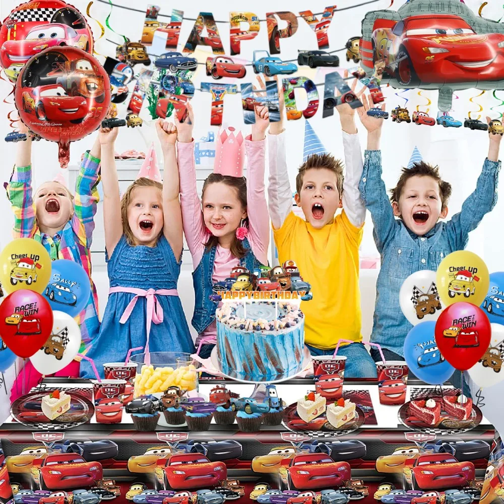 Disney Cars ตกแต่ง Lightning Mcqueen Disposable Tableware แบนเนอร์บอลลูนเด็ก Baby Shower Race Party Supplies