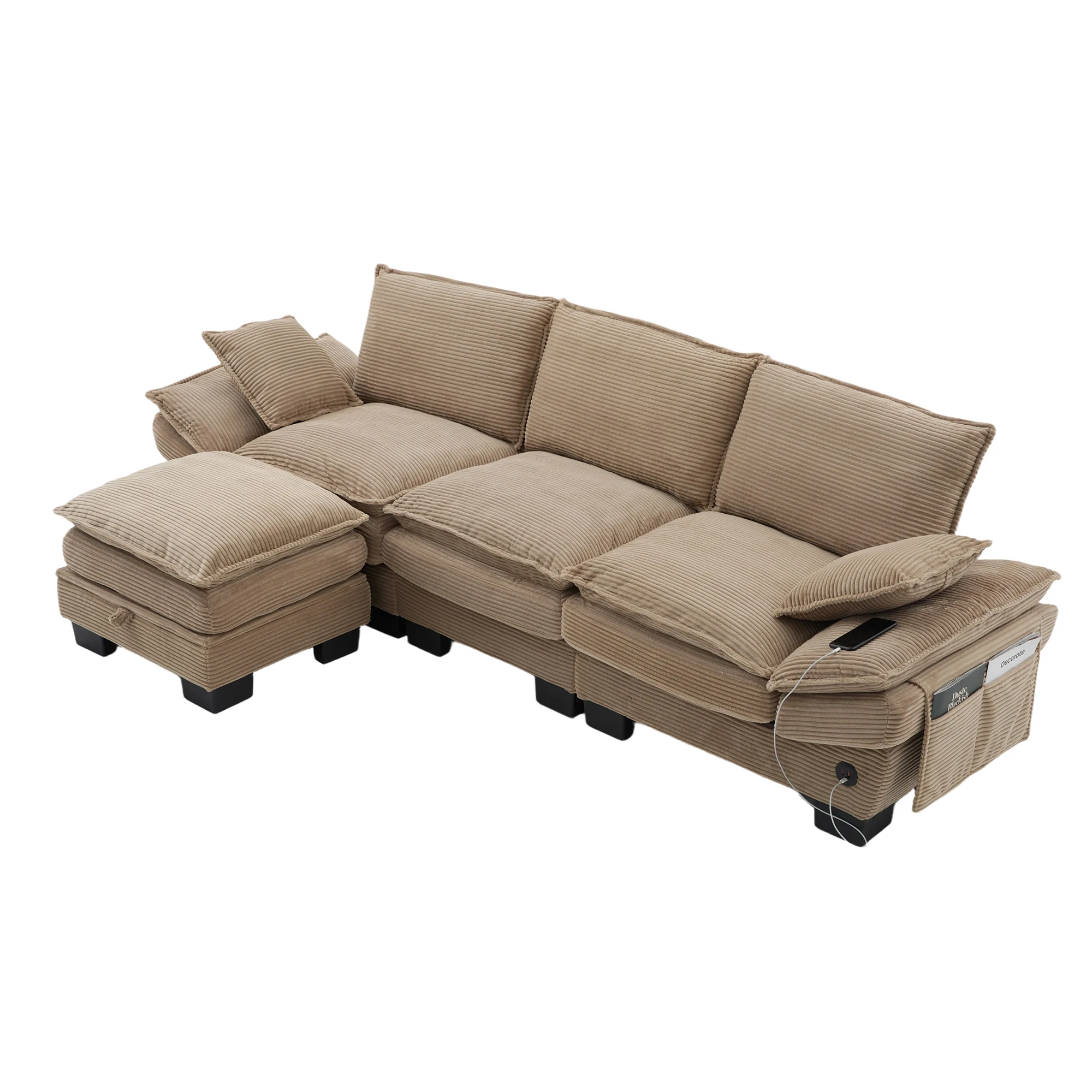 Factory Direct 2026 Modular 3-seater corduroy sofa (with 1 ottoman) – wide seat, ergonomic design, high-density foam padding