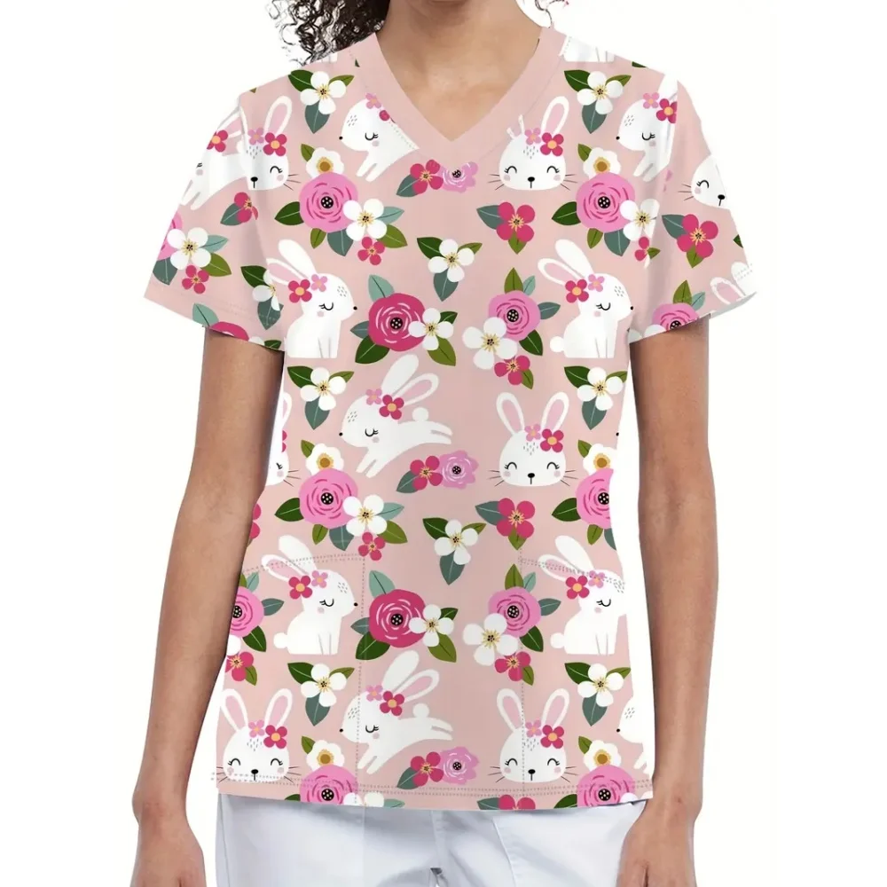 手術服女性かわいい漫画プリント獣医看護師夏のファッション V ネック半袖ポケット付きスクラブ女性トップス