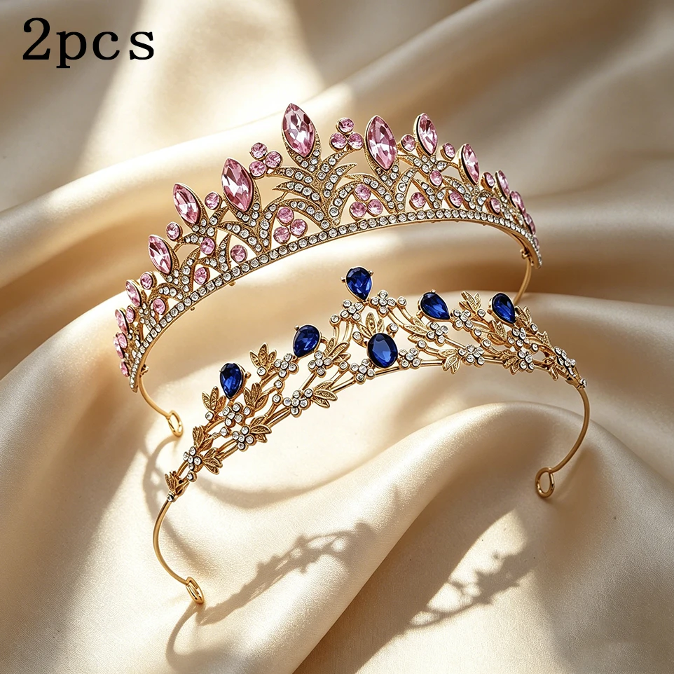 2 Pack Leaf Rhinestone Gold Plated Crown Set Bridal Tiara Hair Accessory Elegant Royal Headwear Wedding Pageant Birthday Party