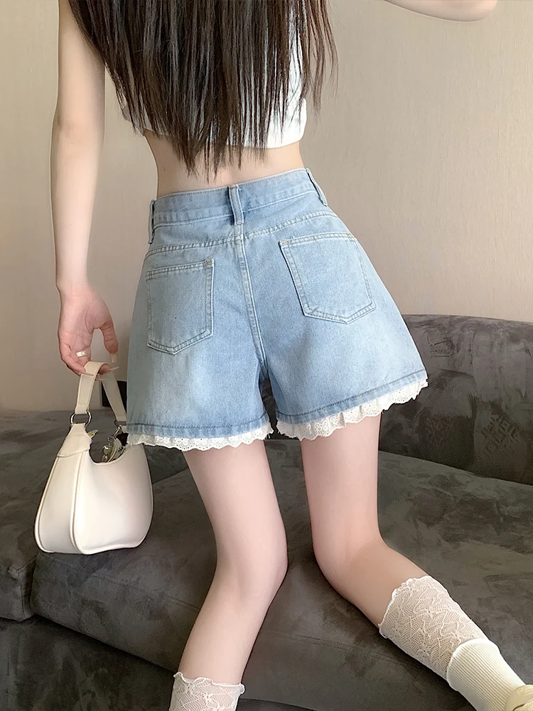 Sweet Denim Shorts Women Summer New Fashion All-Match High Waist Slim-Fit Wide A-Line Shorts Larger Size Student Short Pants