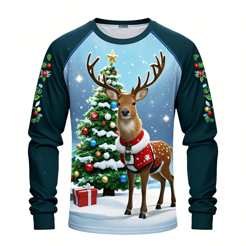 3D Christmas Raccoon T Shirts Fashion Printed Wolf Pattern 3D Long Sleeve T Shirt Men Kids Clothing Christmas Trees Unisex Tops