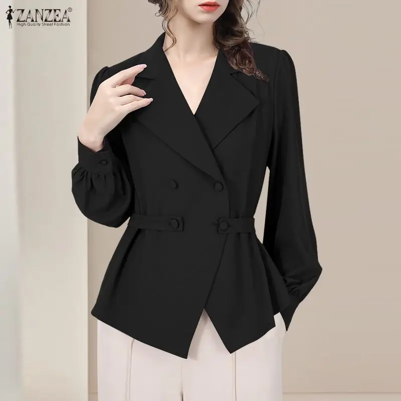 

ZANZEA Elegant Office Wear Shirts Woman Lapel Neck Lantern Sleeves Double-Breasted Tops Summer Fashion Solid Color Chemise Femme